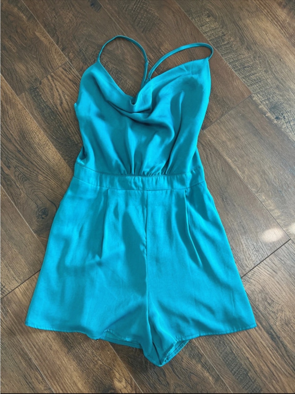 glam Teal Cowl-Neck Spaghetti-Strap Romper